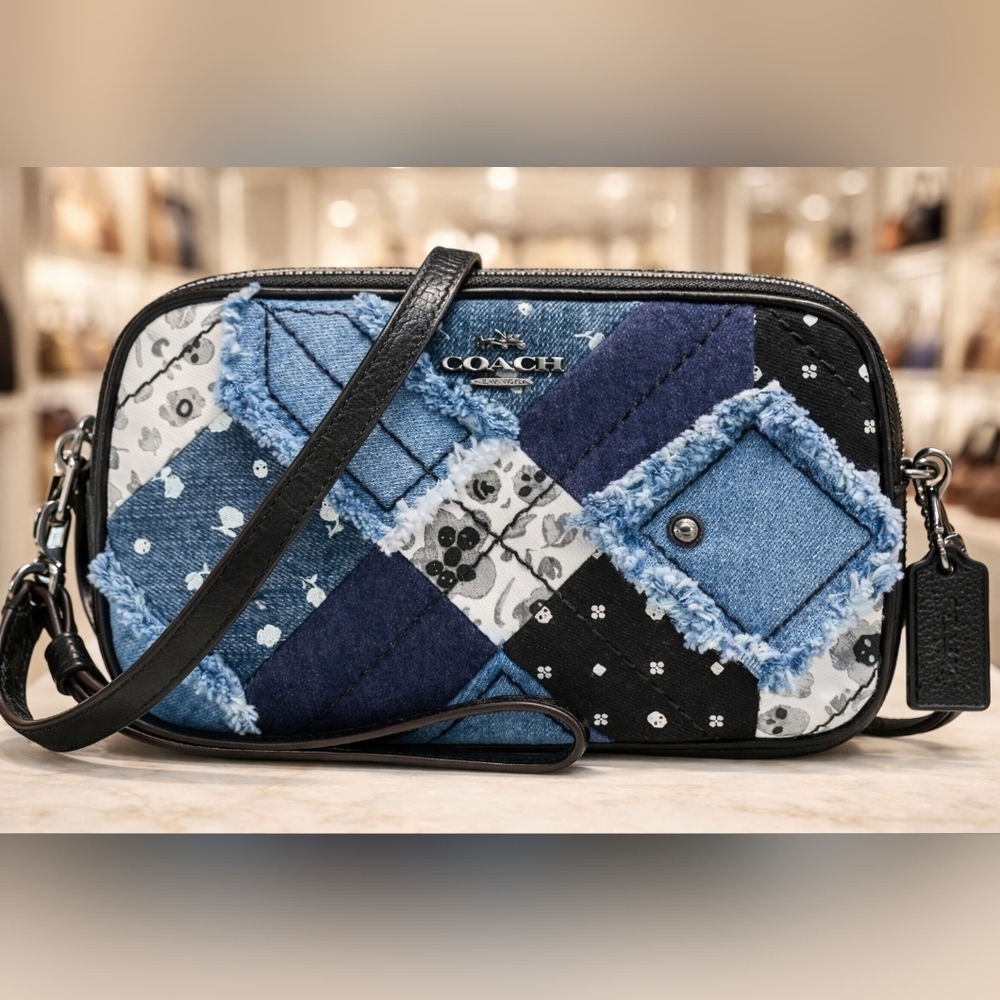 Coach Denim Patchwork Clutch Crossbody Wristlet Bag Canyon‎ Quilt Shoulder